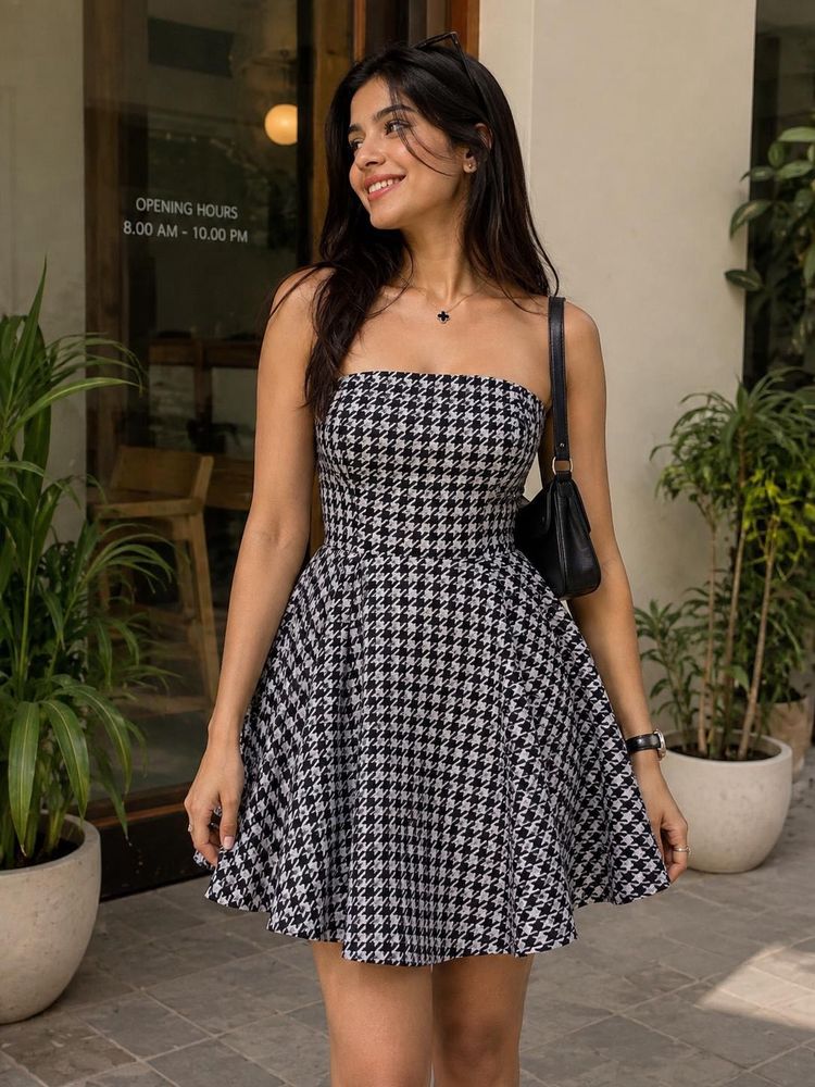 Houndstooth Strapless Fit &amp; Flare Dress