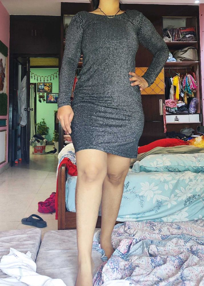 Sparkly Silver Striped Bodycon Dress