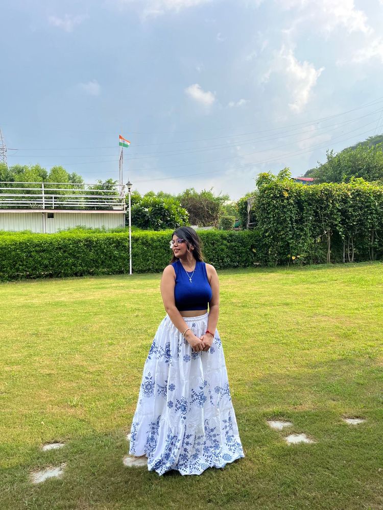 white and blue flowy skirt