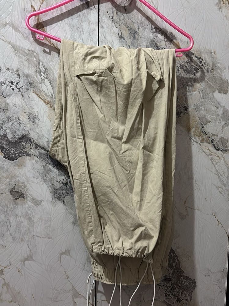 Beige Drawstring Parachute Pants