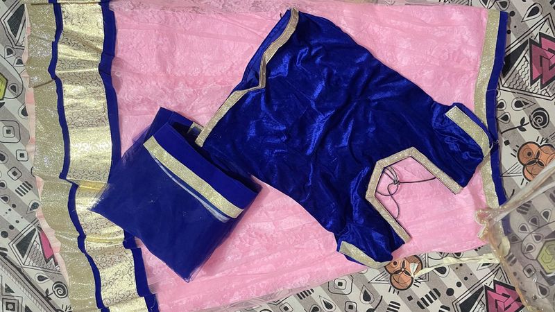 Blue Velvet Blouse with Pink Skirt