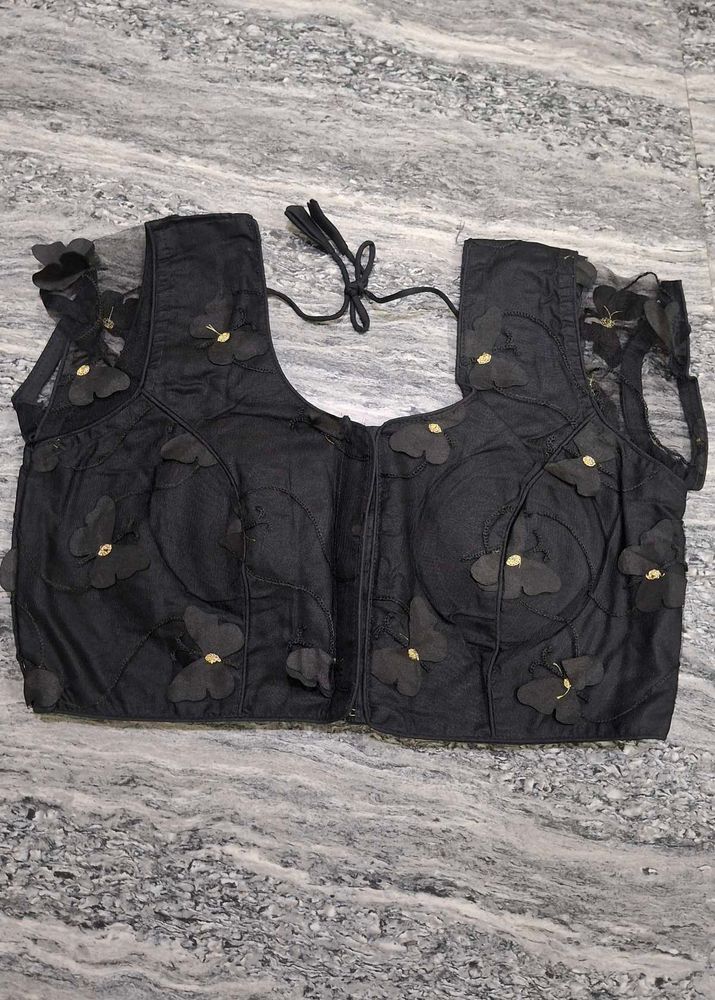Elegant Black Blouse with Floral Appliques