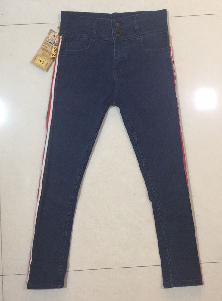 Slim Fit Dark Blue Denim Jeans with Striped Sides