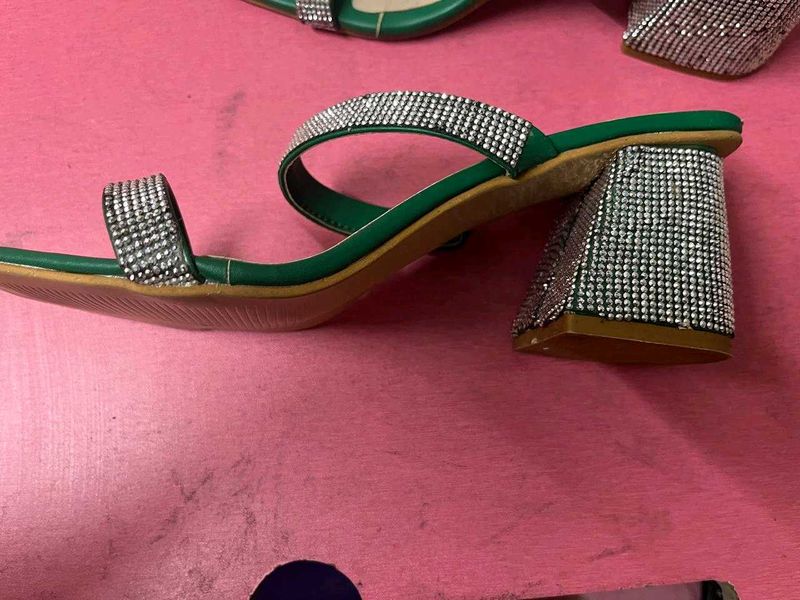 Green Rhinestone Block Heel Sandals Combo Of 3