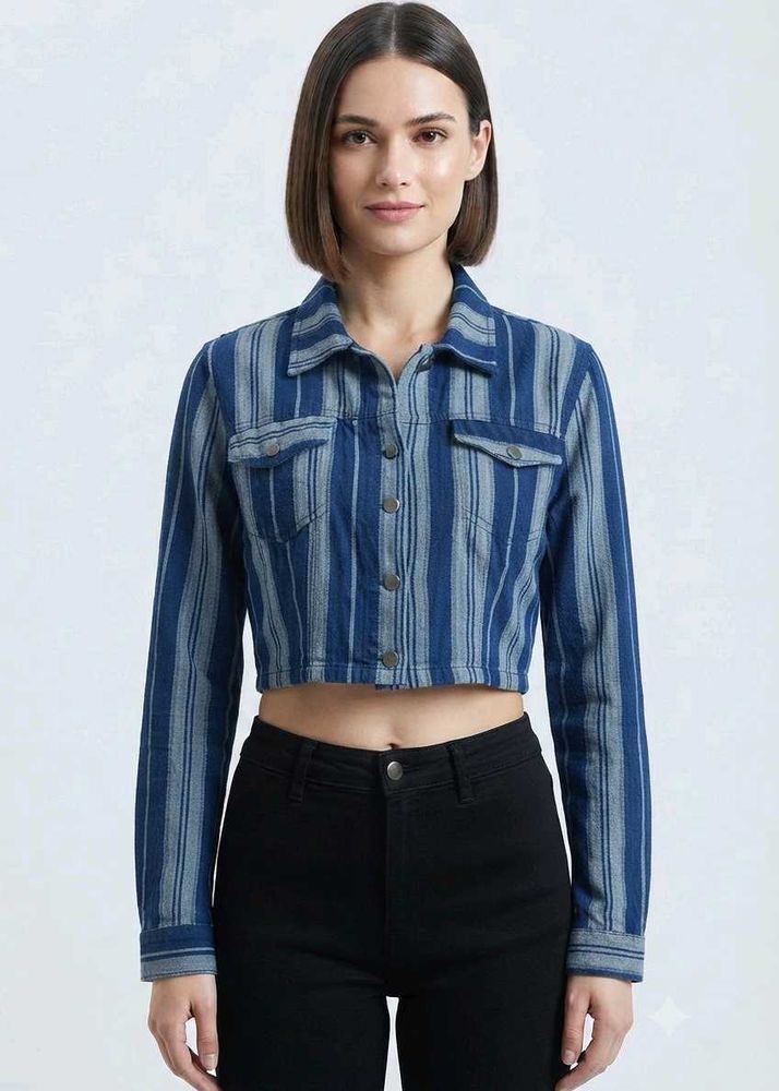 Striped Cropped Denim Jacket