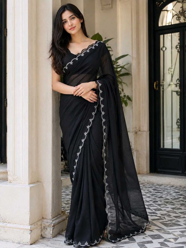 Elegant Black Saree with Scalloped Border