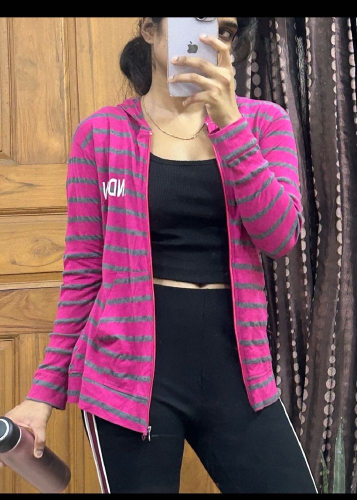 Pink &amp; Grey Striped Zip-Up Hoodie