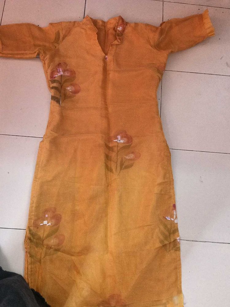 Orange Kurta with Floral Print
