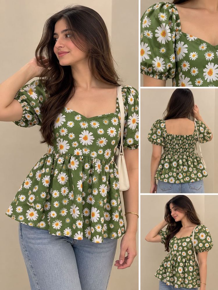 Cute Daisy Print Peplum Top