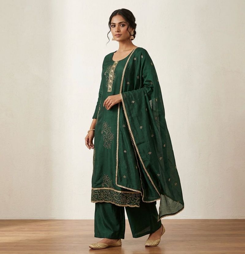 Elegant Green Kurta Set with Gold Embroidery