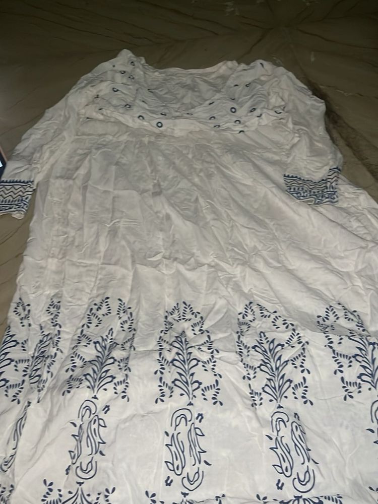 White Kurta with Blue Block Print