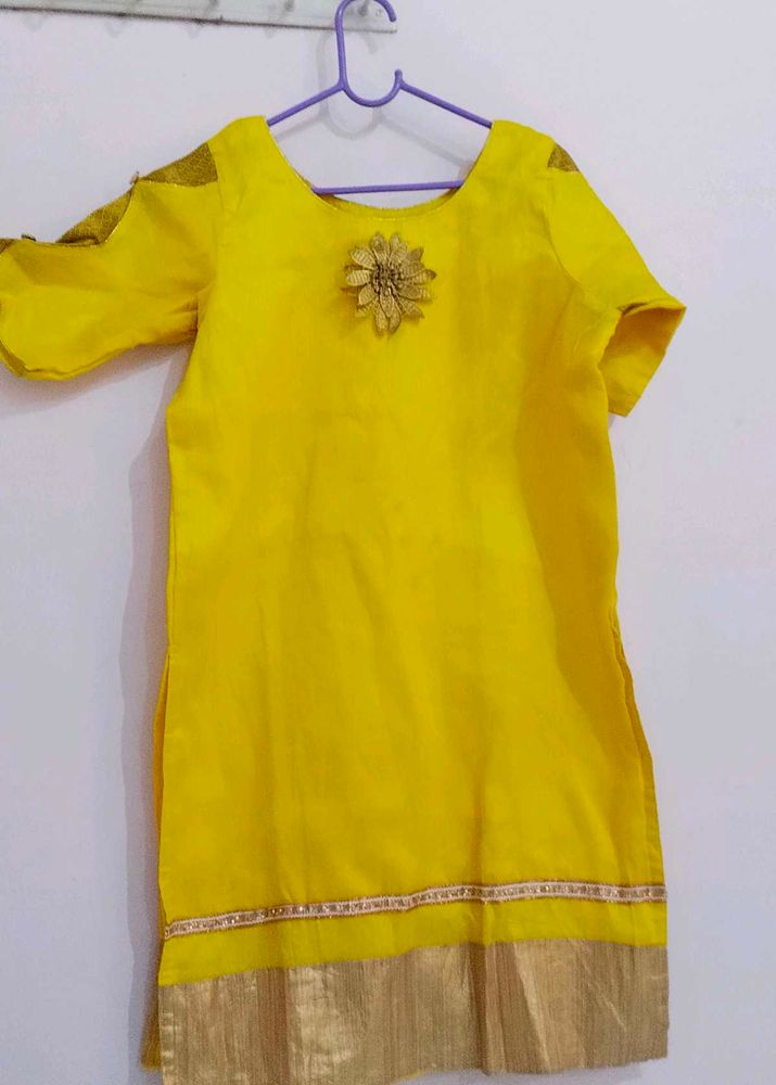 Bright Yellow Kurti Skirt With Dupatta