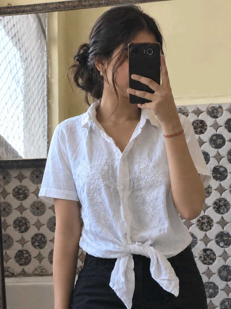 White Embroidered Tie-Front Shirt