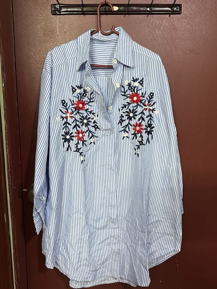 Blue Striped Embroidered Tunic Top