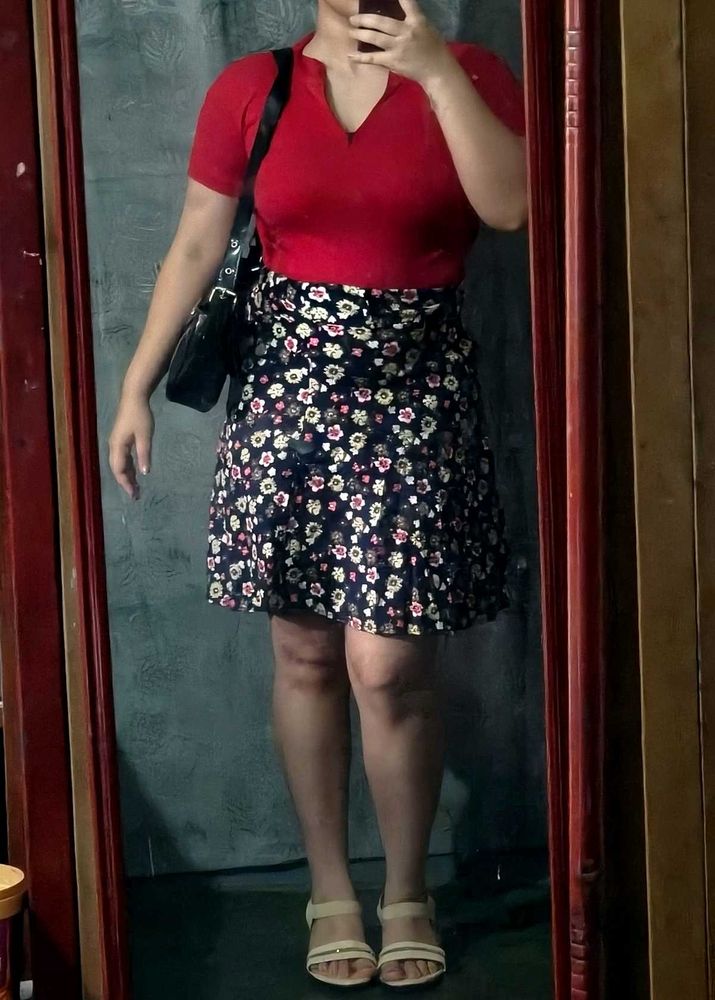 Red Ribbed Top + Floral Skater Skirt Set ❤️combo