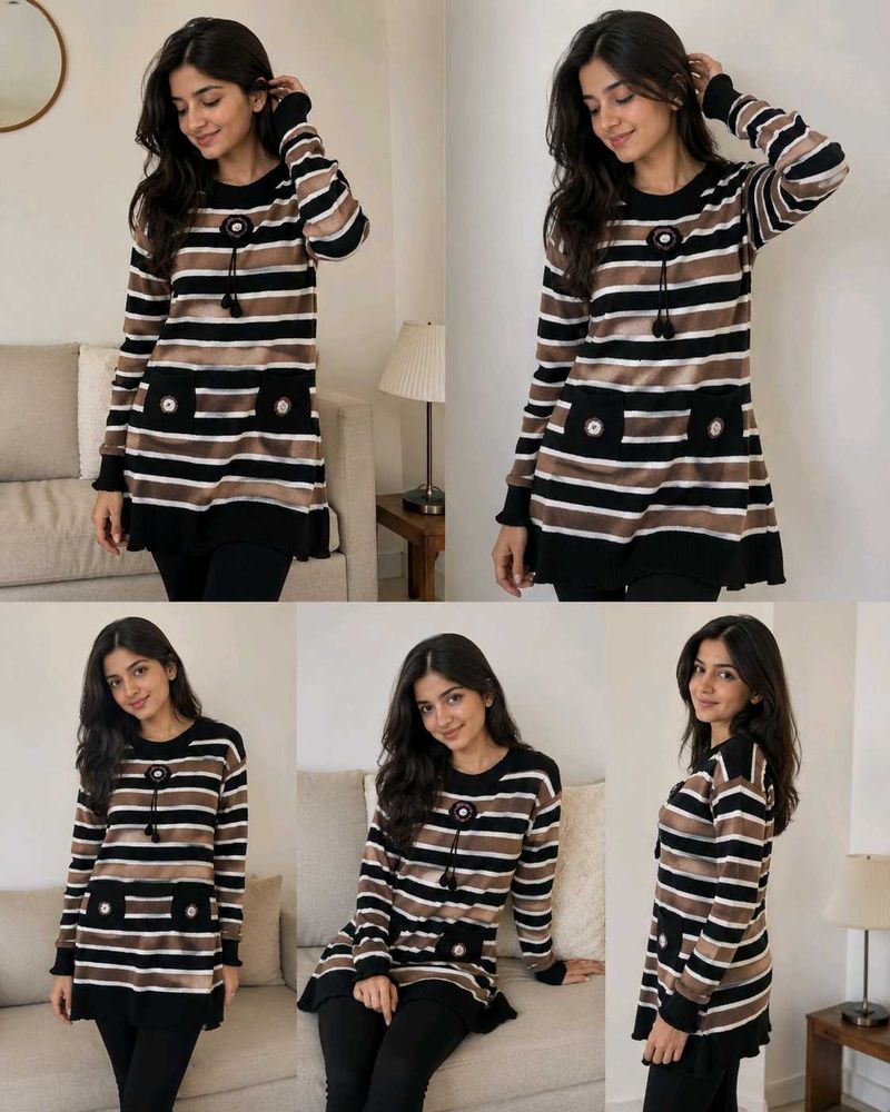 Striped Tunic with Flower Embellishment