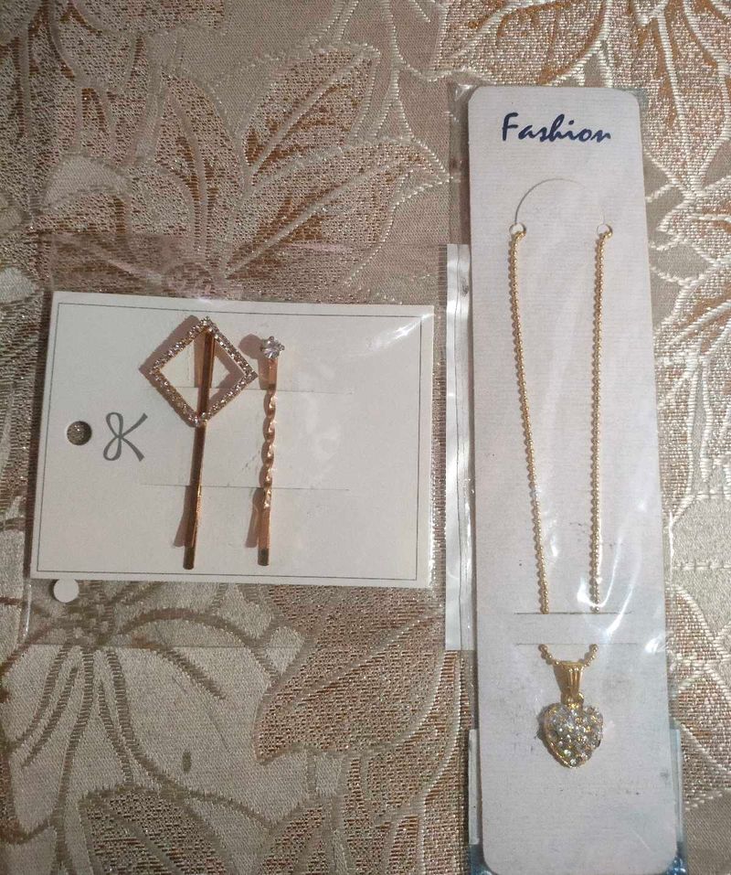 Hairpins &amp; Heart Necklace Set