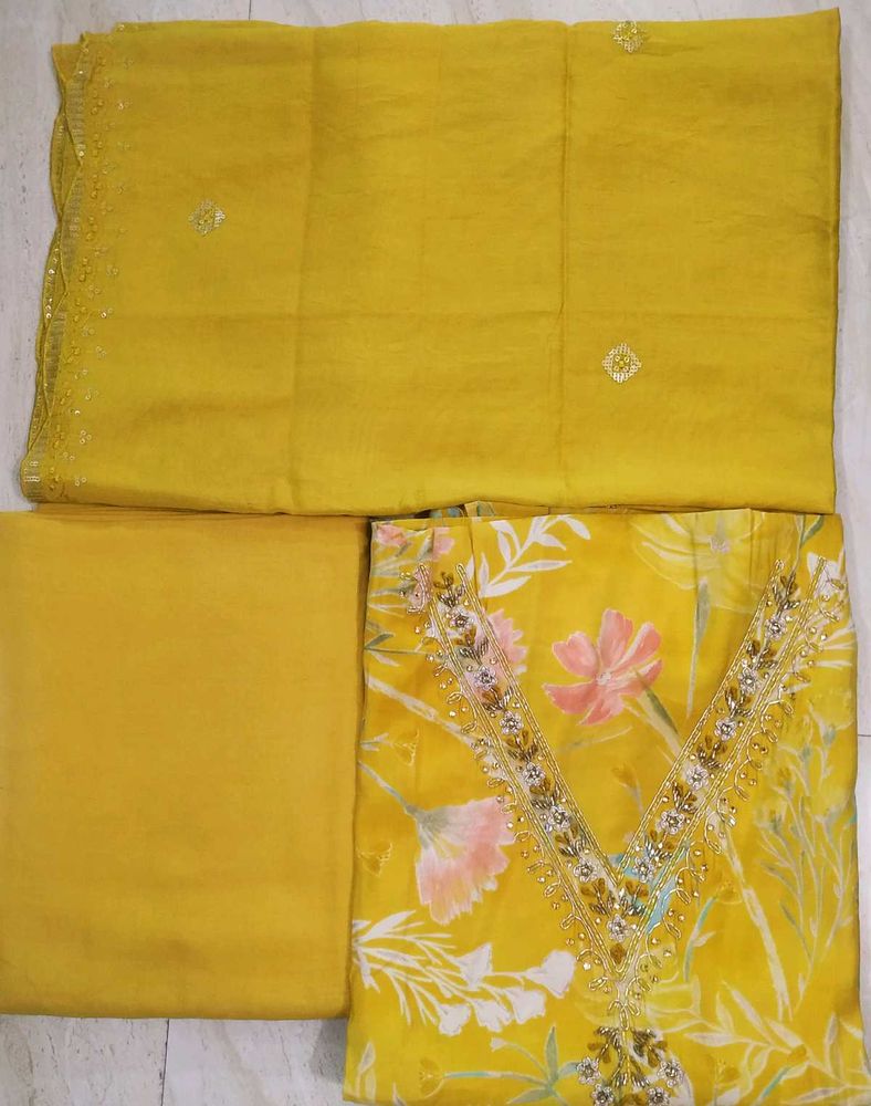 Yellow modal silk handwork suit with  muslin d