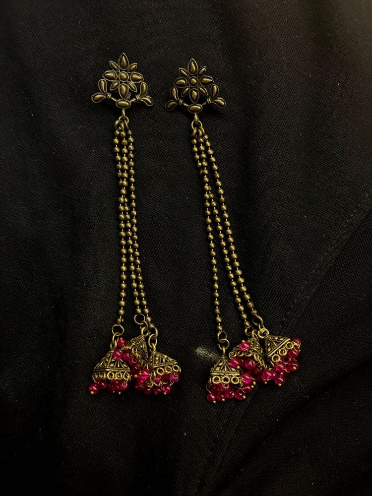 Ethnic Jhumka Earrings with Pink Beads