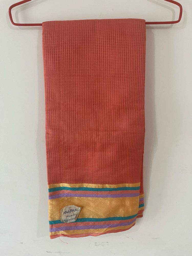 Orange Woven Saree with Striped Border