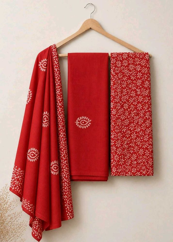 Vibrant Red Cotton wax batik suit
