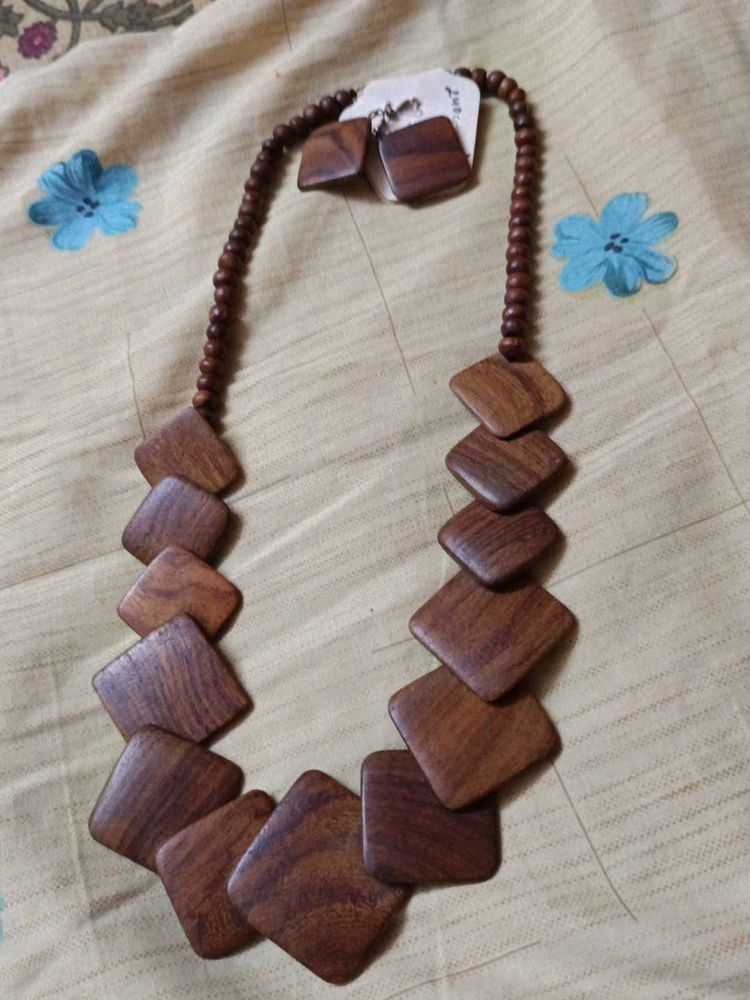 Wooden Square Pendant Necklace &amp; Earrings Set