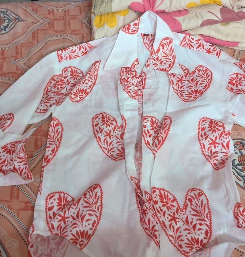 White Shirt with Red Heart Print