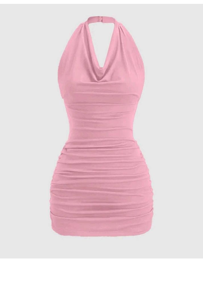 Chic Pink Ruched Halter Dress