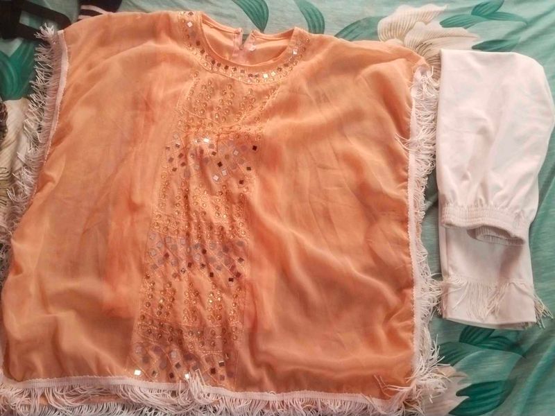 Elegant Peach Kurta with White Pants Set