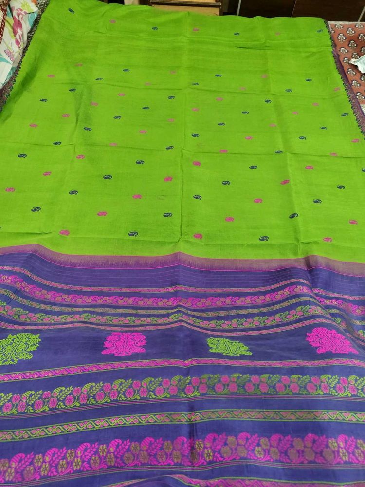 Vibrant Green Saree with Purple Border