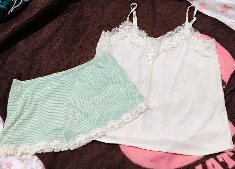 Lace Trim Cami &amp; Striped Shorts Set