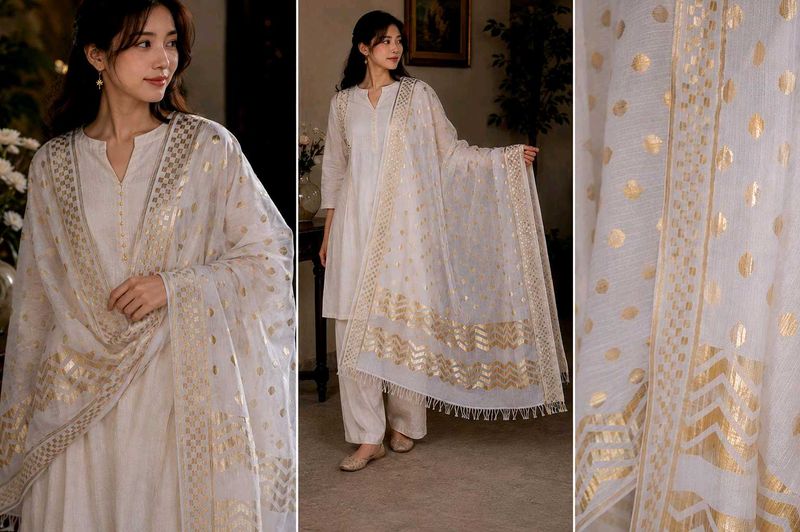 White &amp; Golden Designer Dupatta