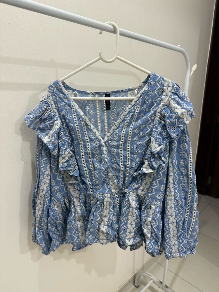YAS Ruffle Schiffli Wrap Top