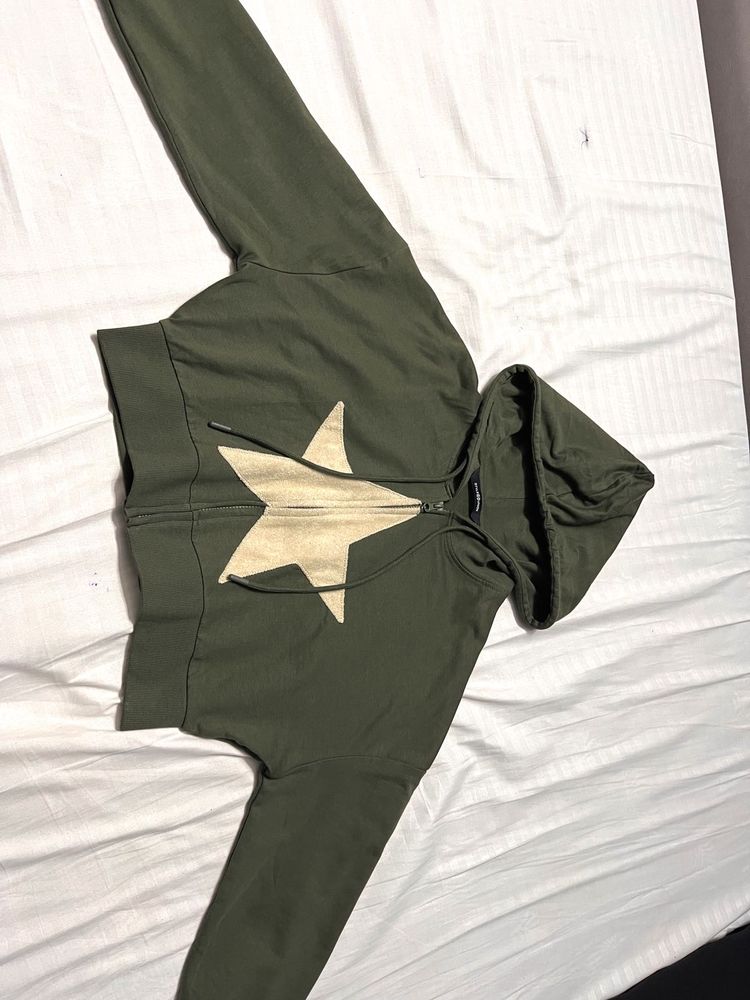 Olive Green Zip-Up Hoodie with Star