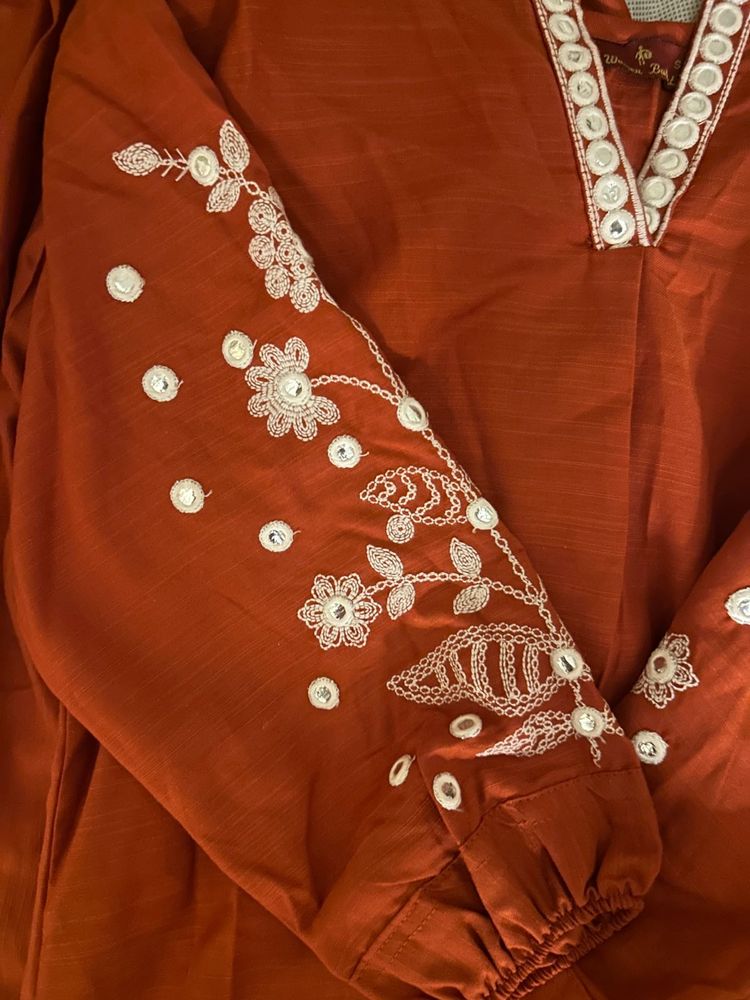 Embroidered Orange Kurta