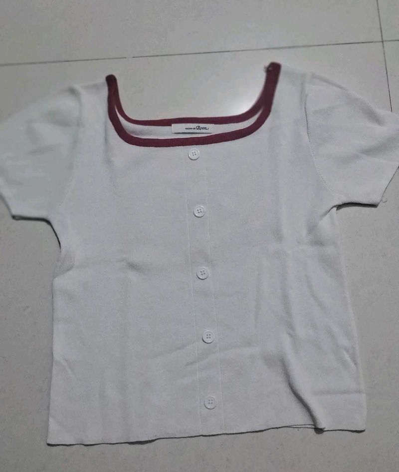 White Square Neck Button-Up Top