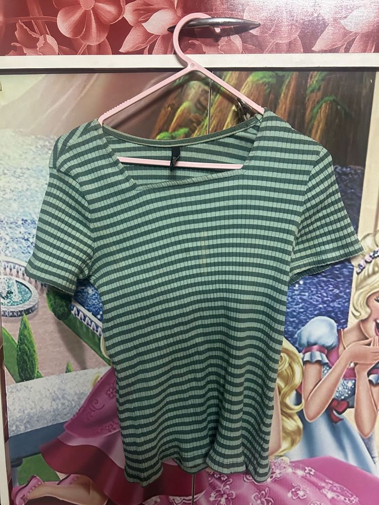 Striped Ribbed Knit Square Neck Top