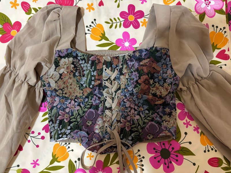 Floral Corset Top with Puff Sleeves❤️‍🔥🦋🌸