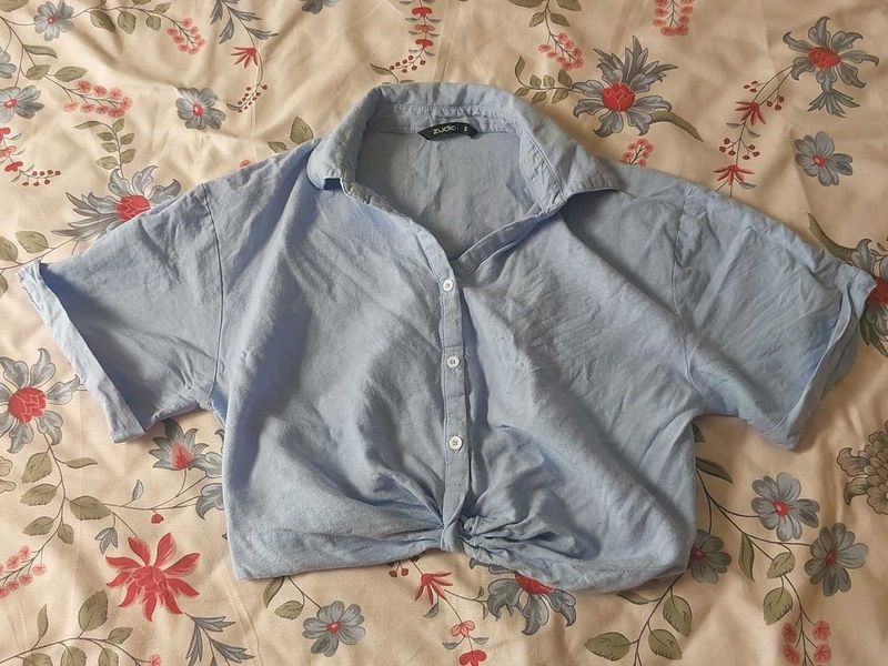 Blue Tie-Front Cropped Shirt