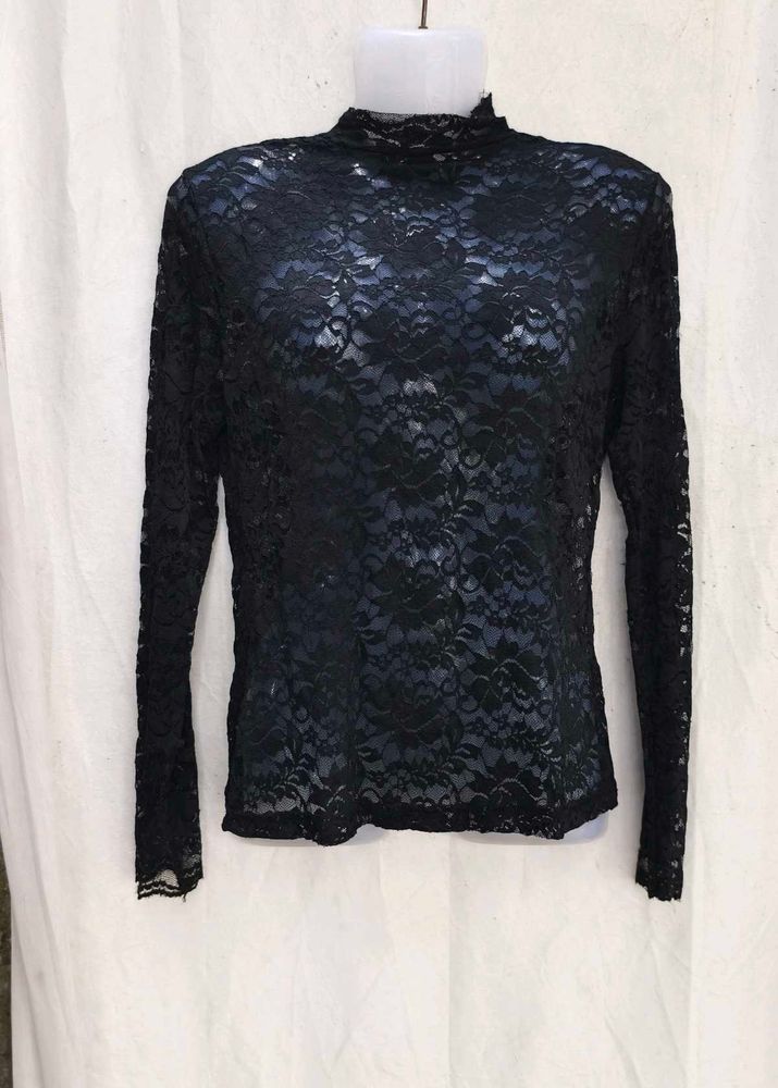 24138. Black Lace Mock Neck Long Sleeve Top
