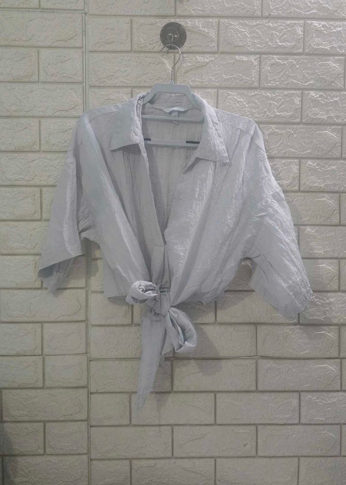 H&amp;M Light Blue/Silver Tie-Front Shirt