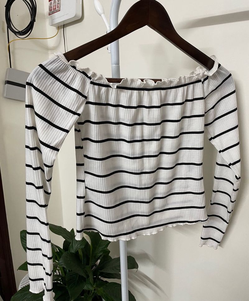 Striped Off-Shoulder Long Sleeve Top