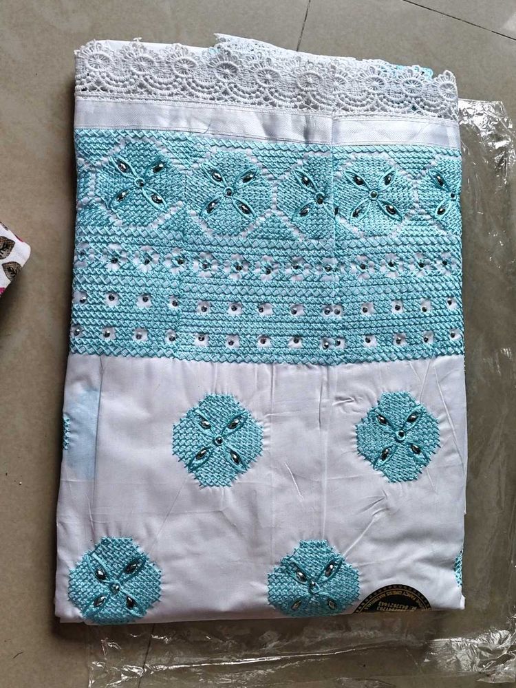 White Dress Material with Blue Embroidery