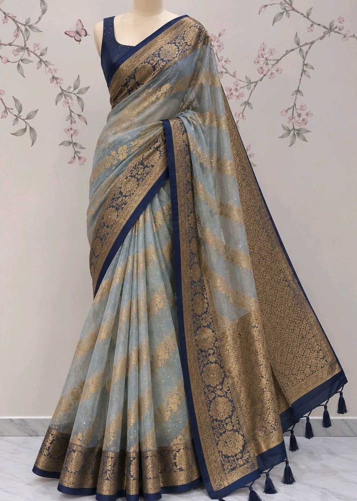 Elegant Grey &amp; Gold Banarasi Saree