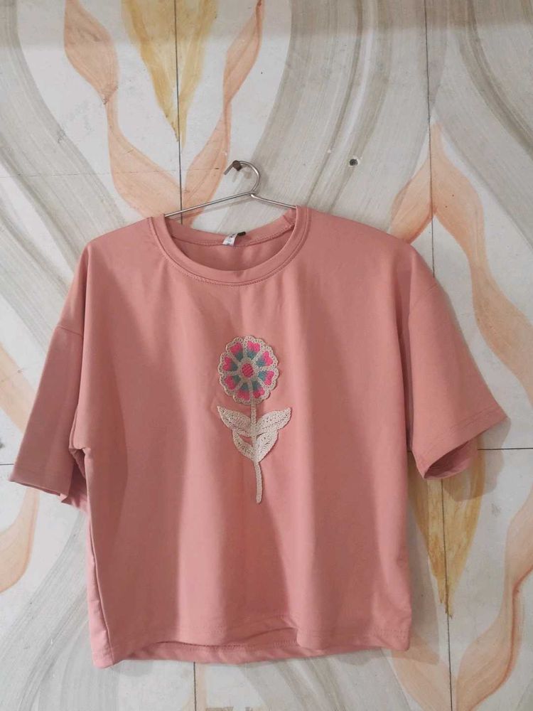 Cute Floral Embroidered Oversized T-Shirt