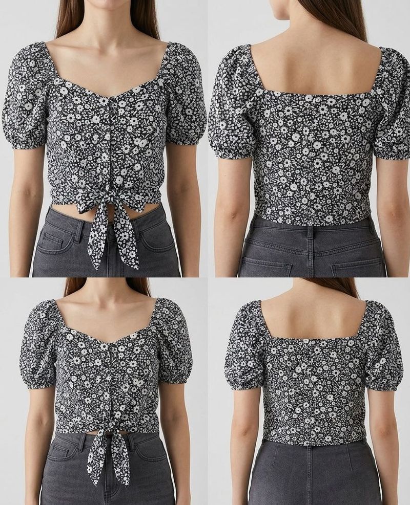 Floral Print Puff Sleeve Tie-Front Crop Top/Blouse