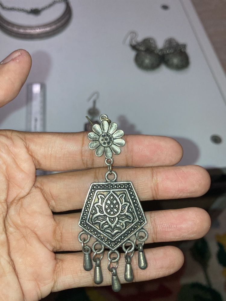 Silver Oxidised Indo Western Dangling Earrings