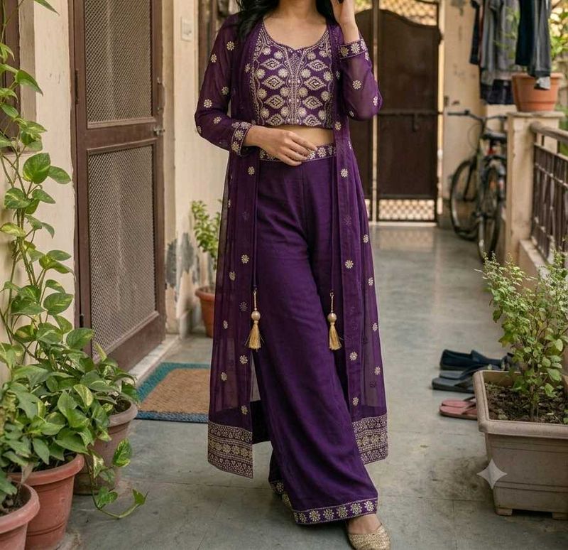 Elegant Purple Embroidered shrug set