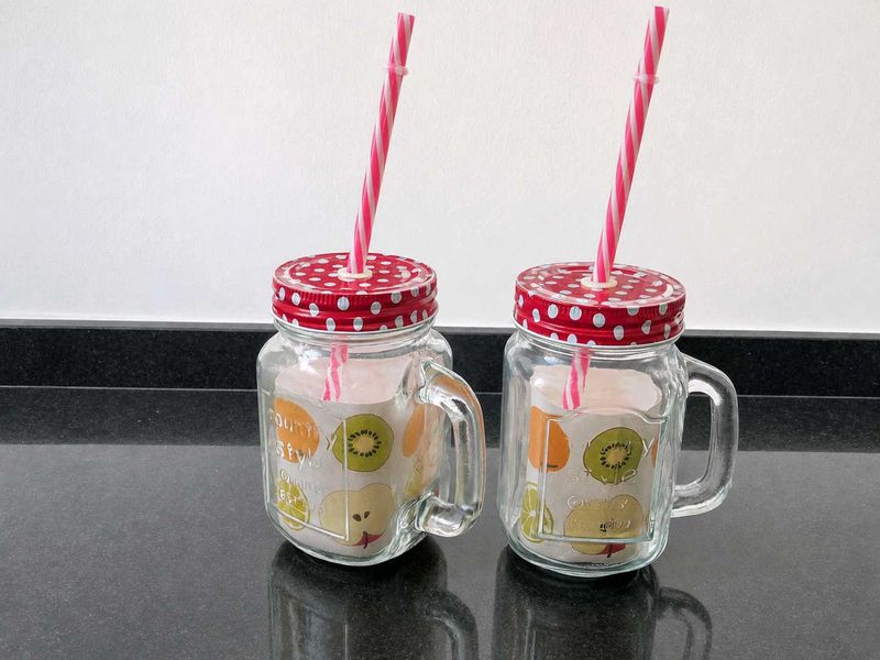 Cute Fruit Design Mason Jar Mugs with Straws (Set