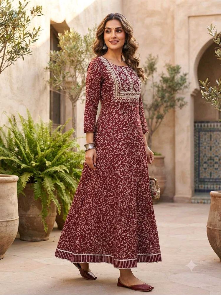 pure cotton long Maroon Printed Anarkali Kurta